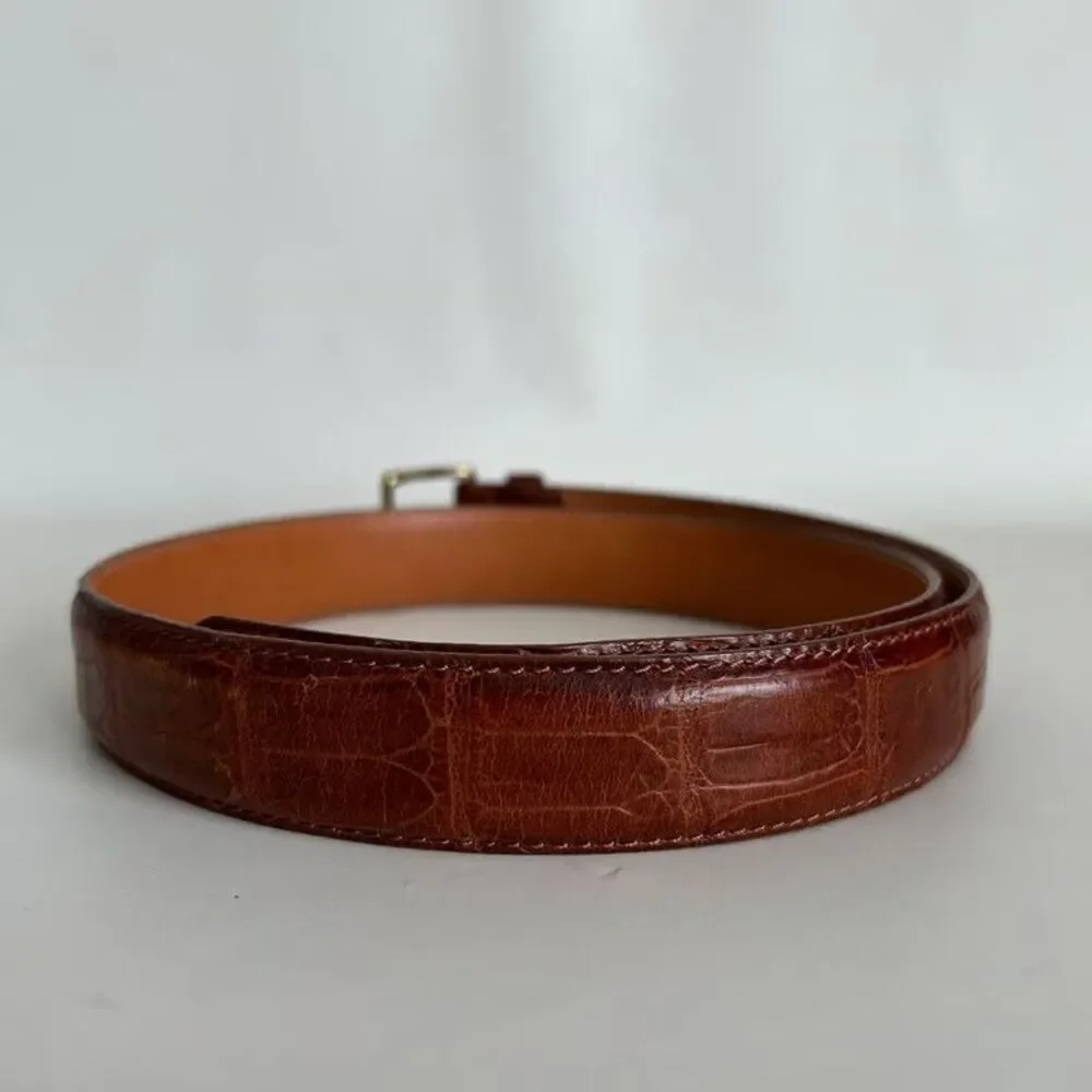 Mens Brown Leather Belt Crocodile Embossed Top Grain Cowhide Gold Buckle Size 38